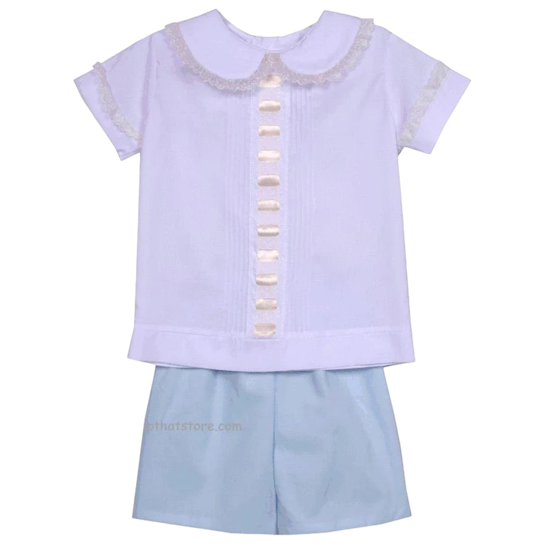 That Store heirloom short set with white pleated shirt, ecru lace trim, and light blue lined shorts for boys.