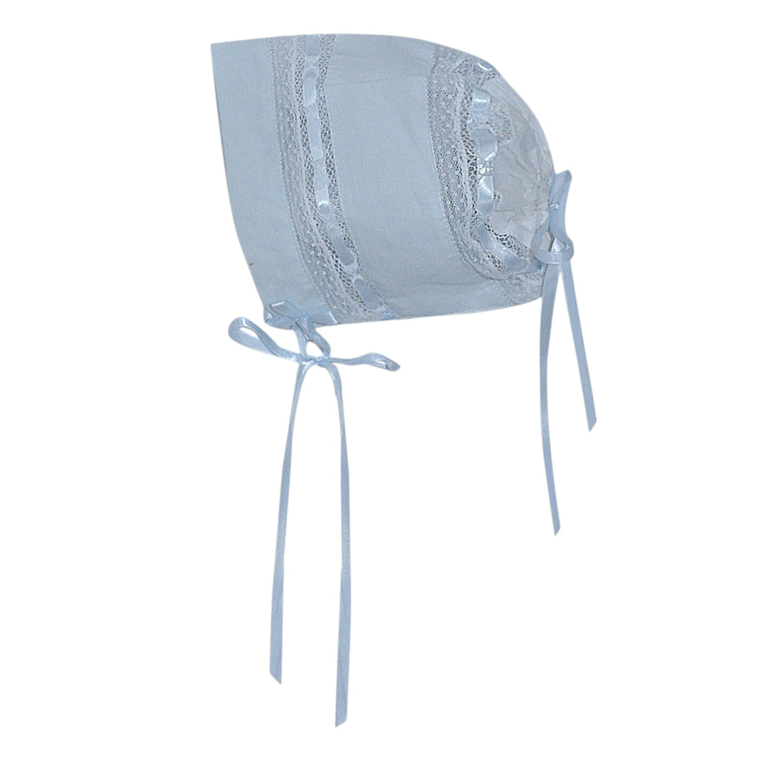 That Store white baby bonnet with delicate blue lace trim and ribbon ties for a classic heirloom look.