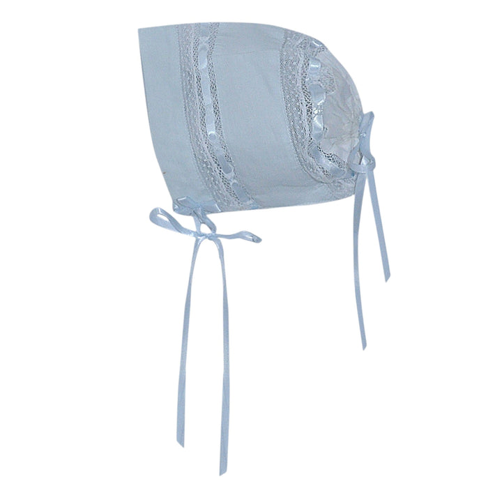 That Store white baby bonnet with delicate blue lace trim and ribbon ties for a classic heirloom look.