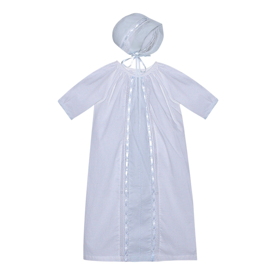 That Store Kipling white daygown for boys featuring blue lace trim, ribbon inserts, and a matching baby bonnet.