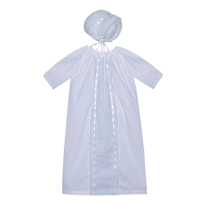That Store Kipling white daygown for boys featuring blue lace trim, ribbon inserts, and a matching baby bonnet.