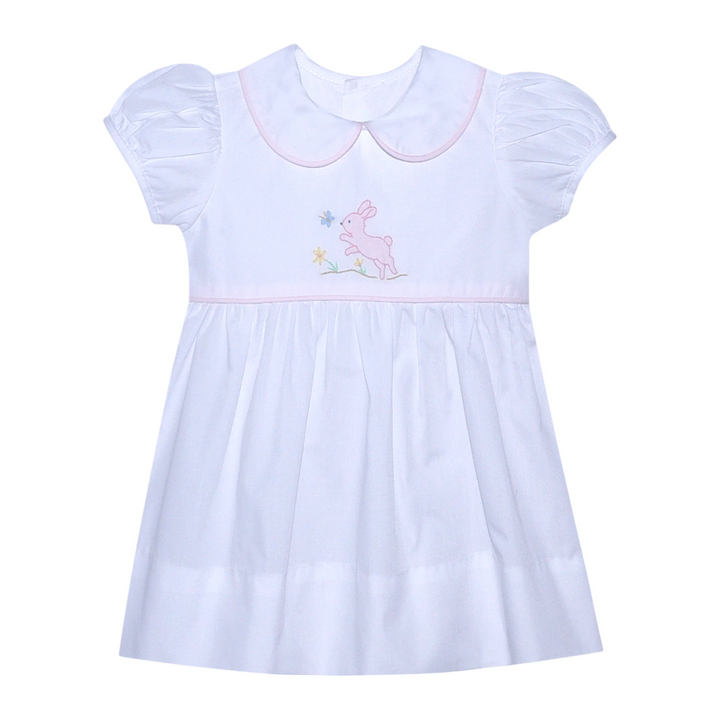 That Store white girls dress with pink bunny embroidery, peter pan collar, and puff sleeves for spring and Easter.