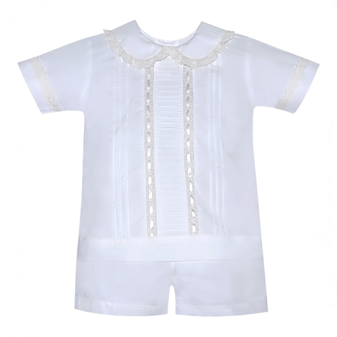 That Store boys white cotton batiste short set with ecru lace collar, pintucks, and ribbon accents for special days.