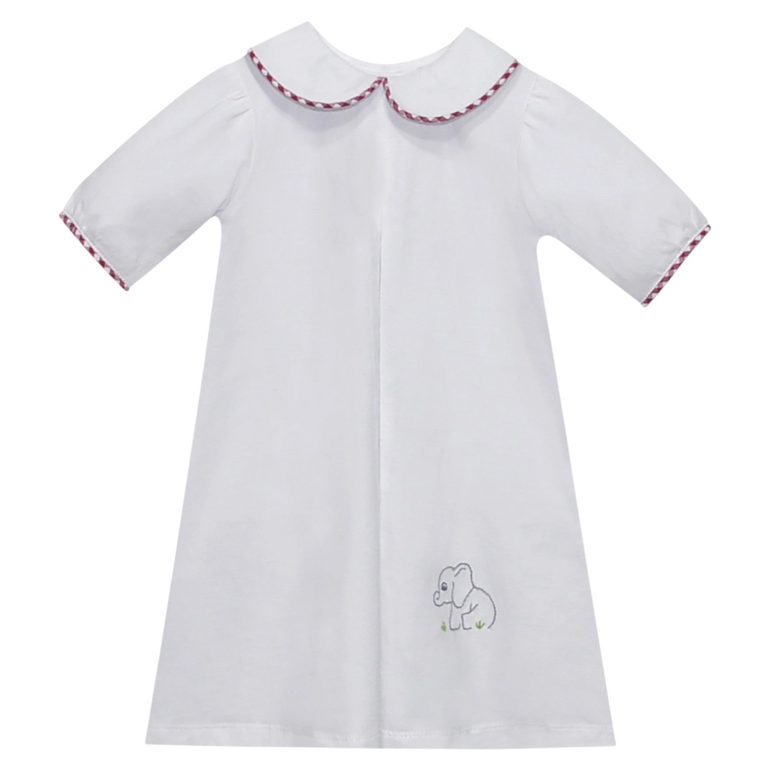 That Store Southern Sunday white cotton baby daygown with crimson gingham trim and elephant embroidery