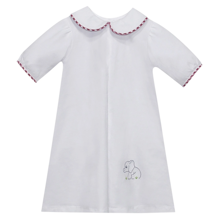 That Store Southern Sunday white cotton baby daygown with crimson gingham trim and elephant embroidery