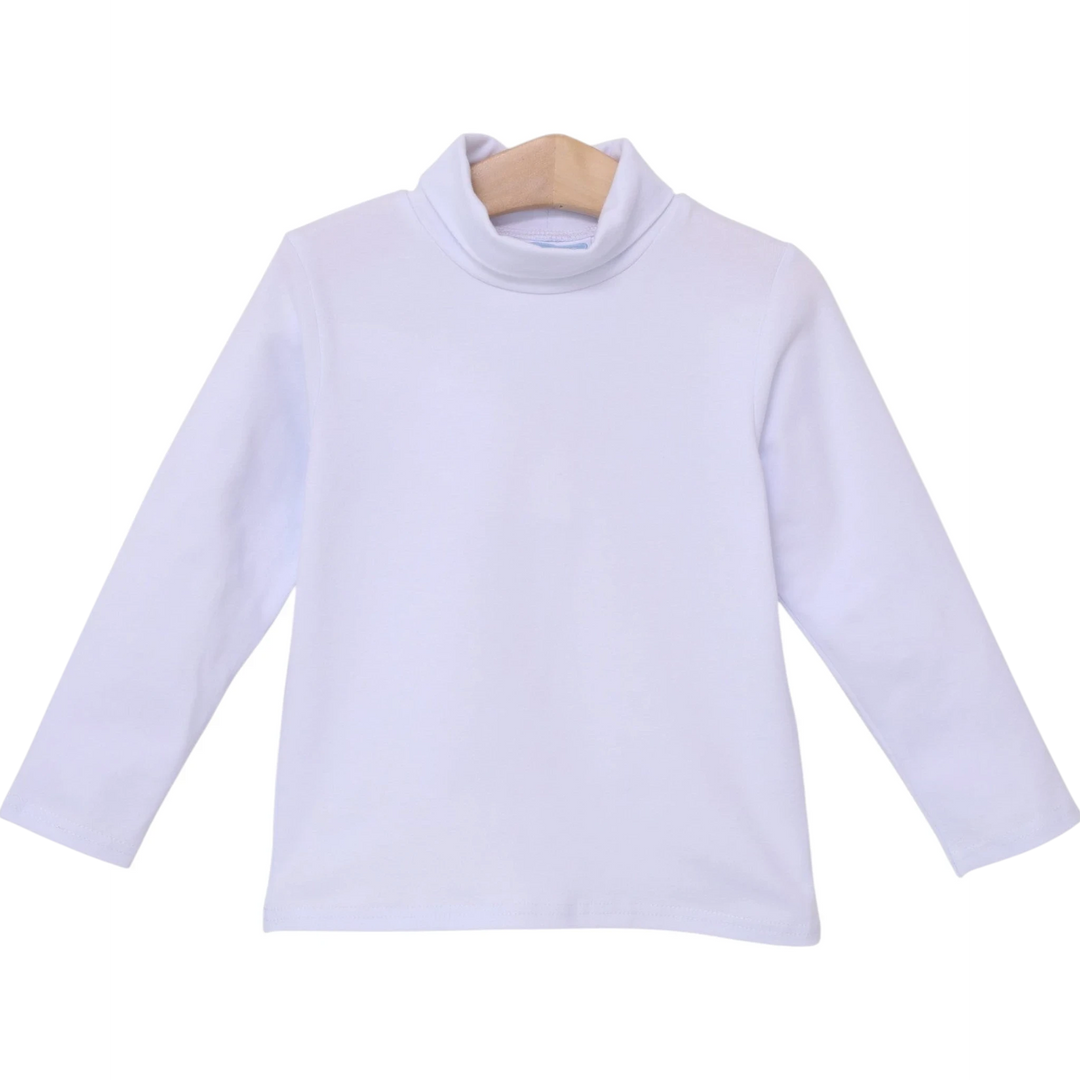 That Store white long-sleeve turtleneck for children made from soft cotton and spandex blend on a wooden hanger