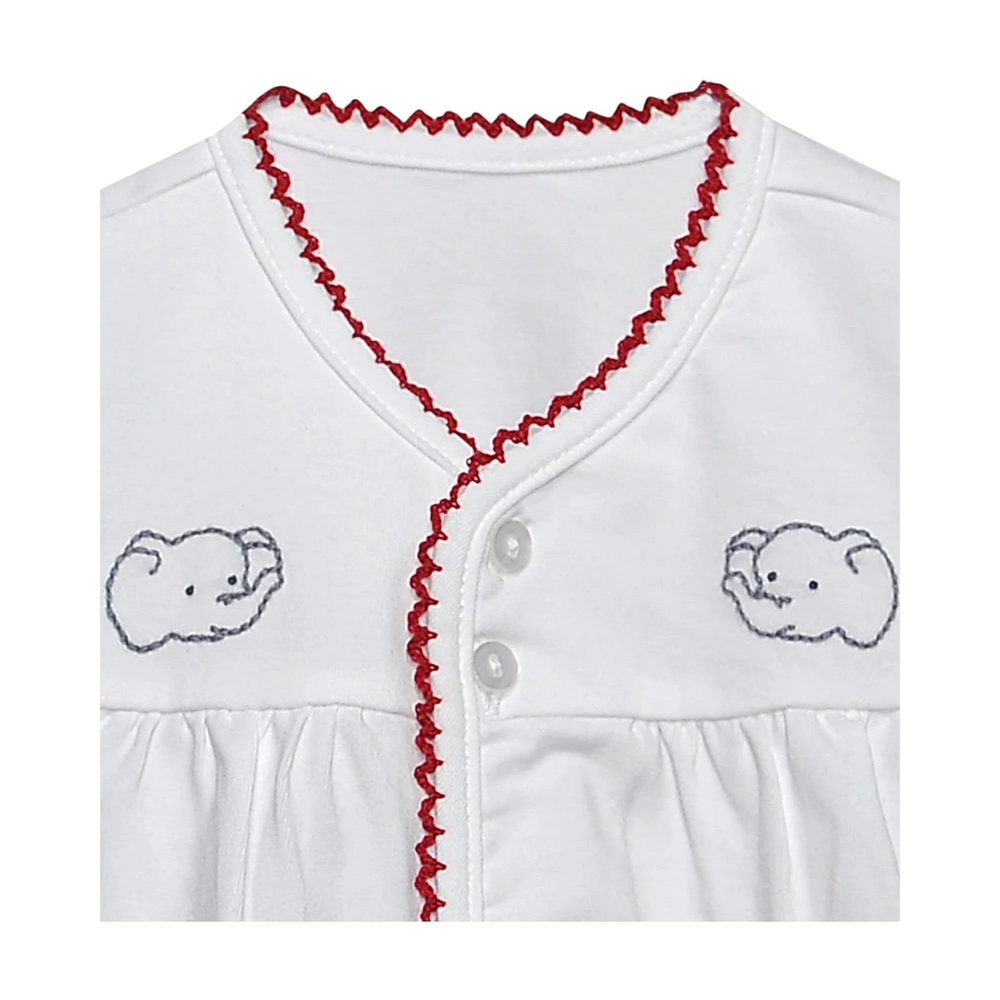 That Store white cotton baby diaper set with crimson rickrack trim and embroidered elephant details