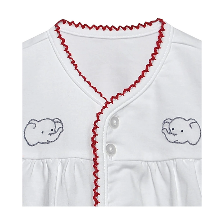 That Store white cotton baby diaper set with crimson rickrack trim and embroidered elephant details