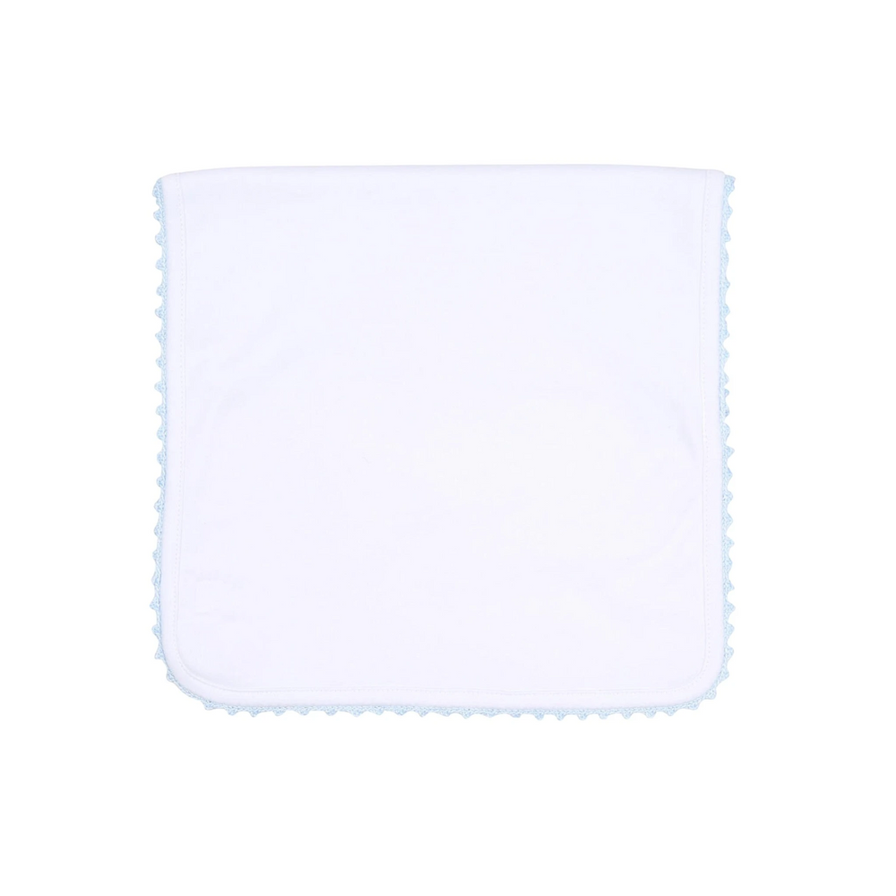 That Store white Pima cotton burp cloth from the Baby Joy collection featuring a delicate blue crochet trim border.