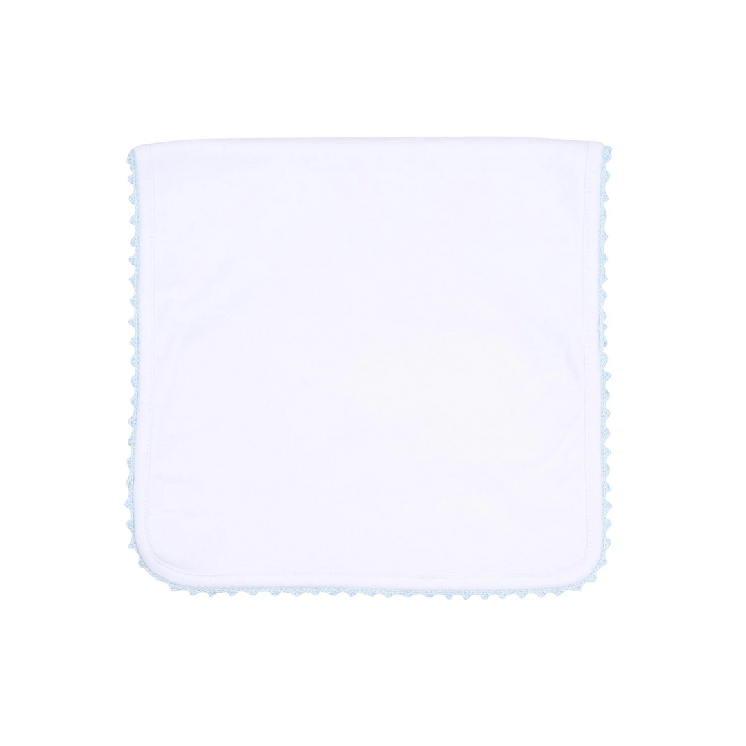 That Store white Pima cotton burp cloth from the Baby Joy collection featuring a delicate blue crochet trim border.