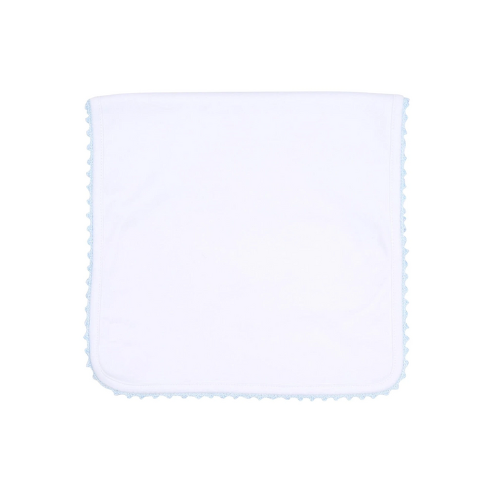 That Store white Pima cotton burp cloth from the Baby Joy collection featuring a delicate blue crochet trim border.