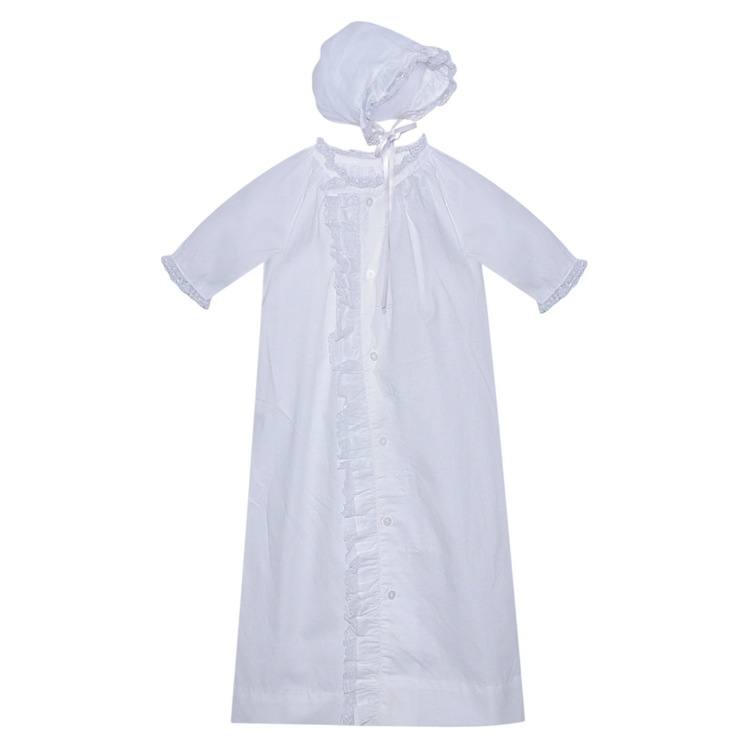That Store white newborn daygown with shadow stitched crosses, ruffled placket, and matching bonnet in poly-cotton.
