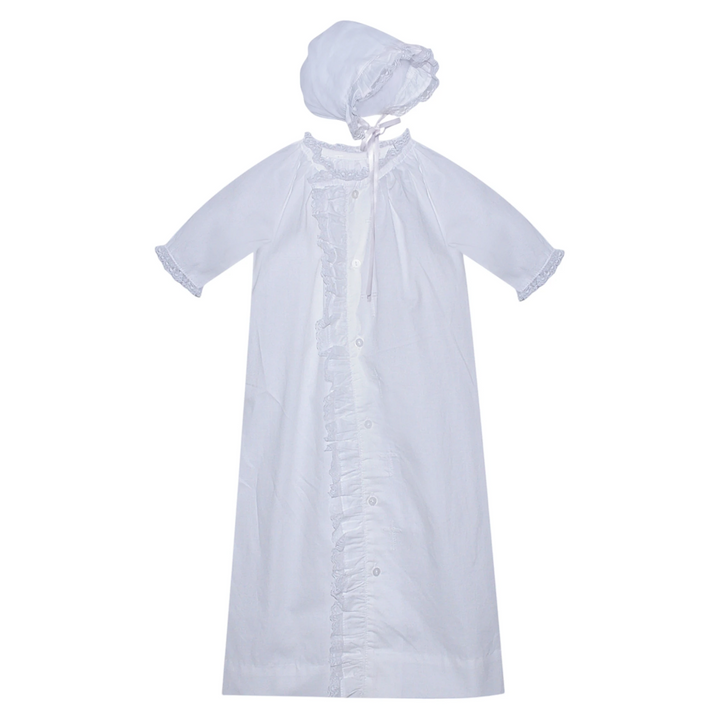That Store white newborn daygown with shadow stitched crosses, ruffled placket, and matching bonnet in poly-cotton.