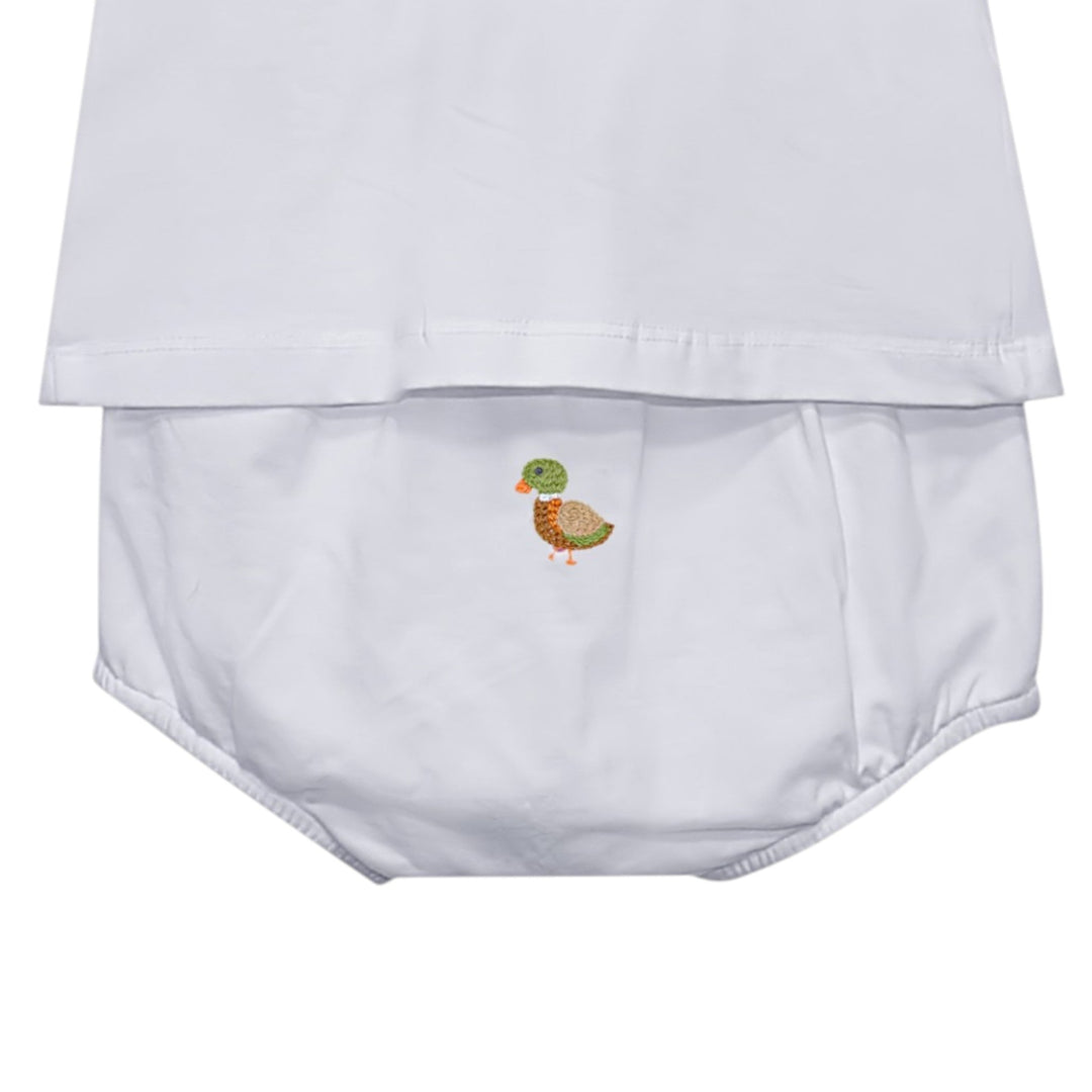 That Store white diaper cover featuring a small embroidered mallard duck motif with elastic waistband and leg openings.