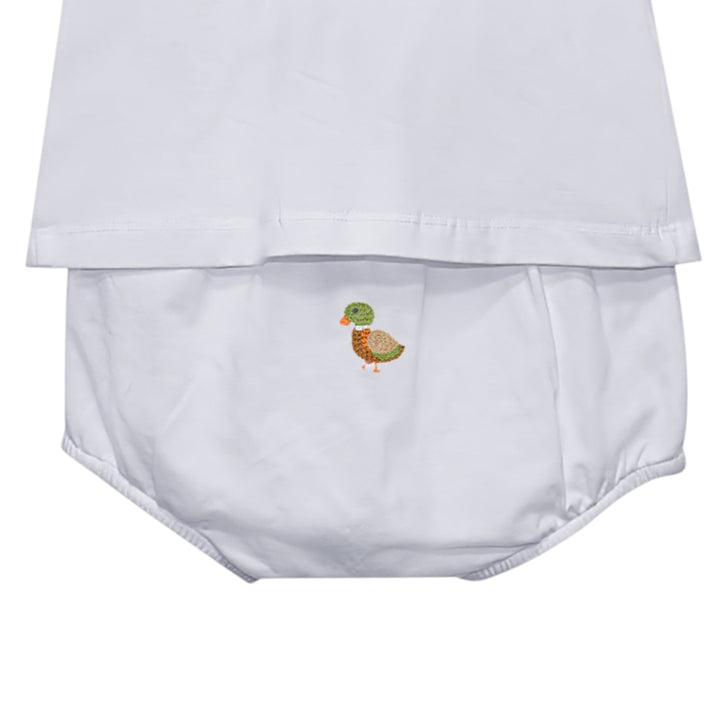 That Store white diaper cover featuring a small embroidered mallard duck motif with elastic waistband and leg openings.