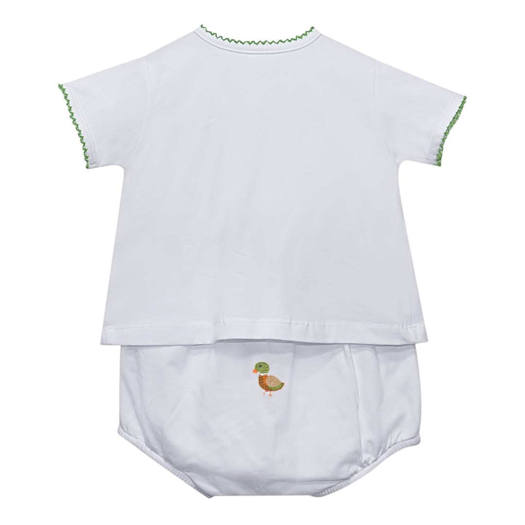 That Store white unisex diaper set with green scalloped trim and embroidered duck motif on the back of the cover