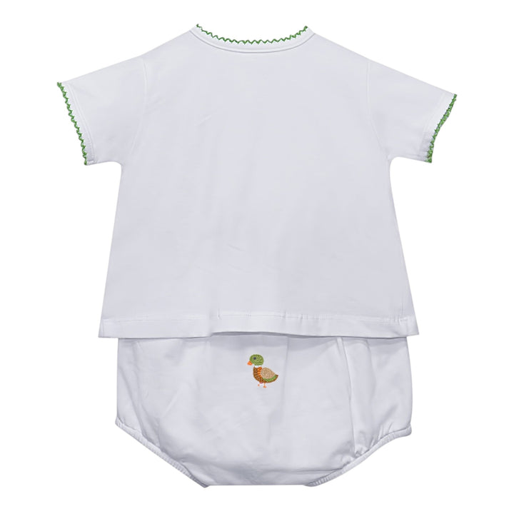That Store white unisex diaper set with green scalloped trim and embroidered duck motif on the back of the cover