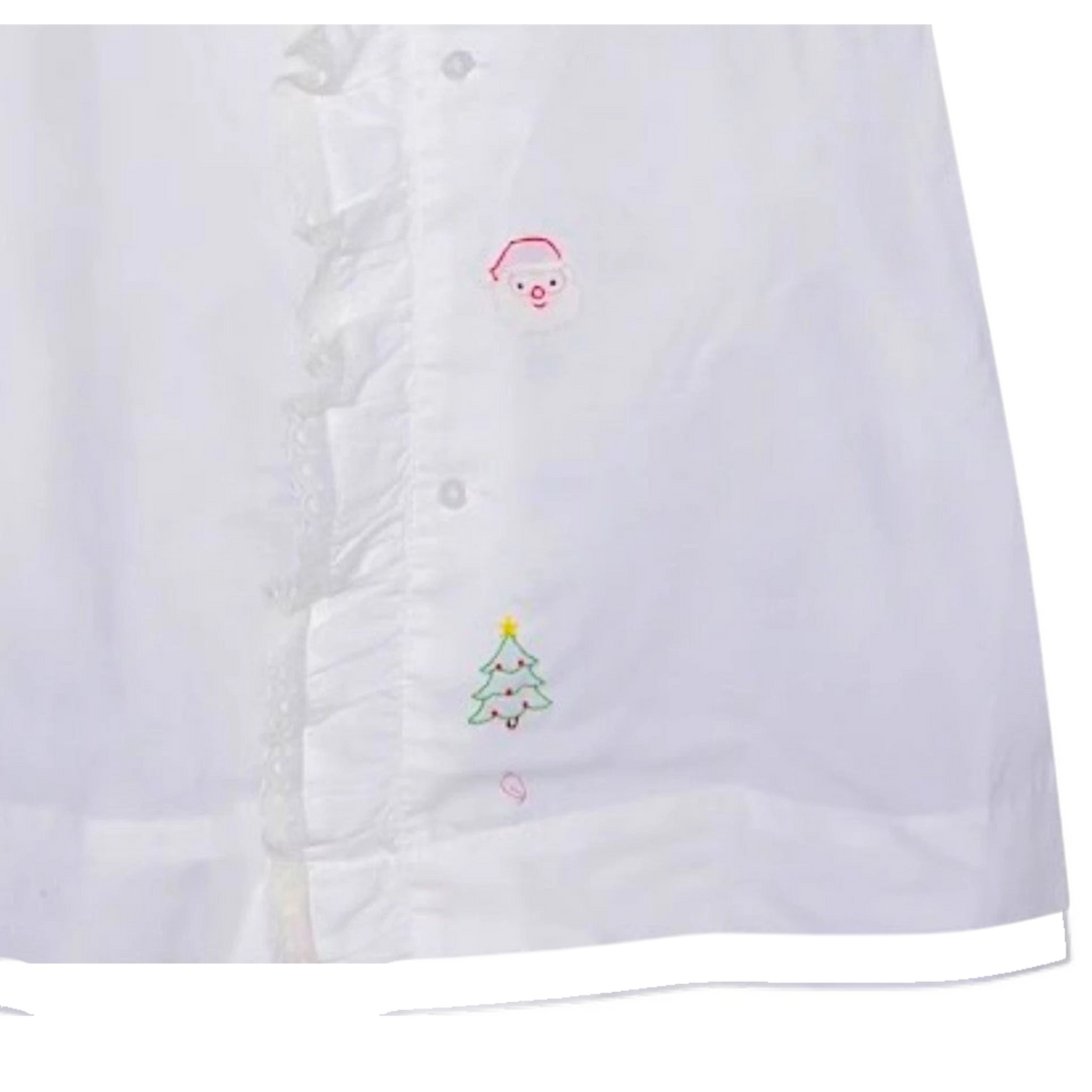 That Store white baby girls daygown with ruffled lace trim and festive hand-stitched Christmas embroidery details.