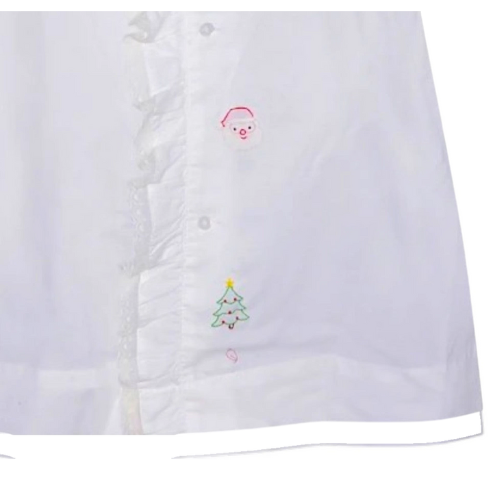 That Store white baby girls daygown with ruffled lace trim and festive hand-stitched Christmas embroidery details.