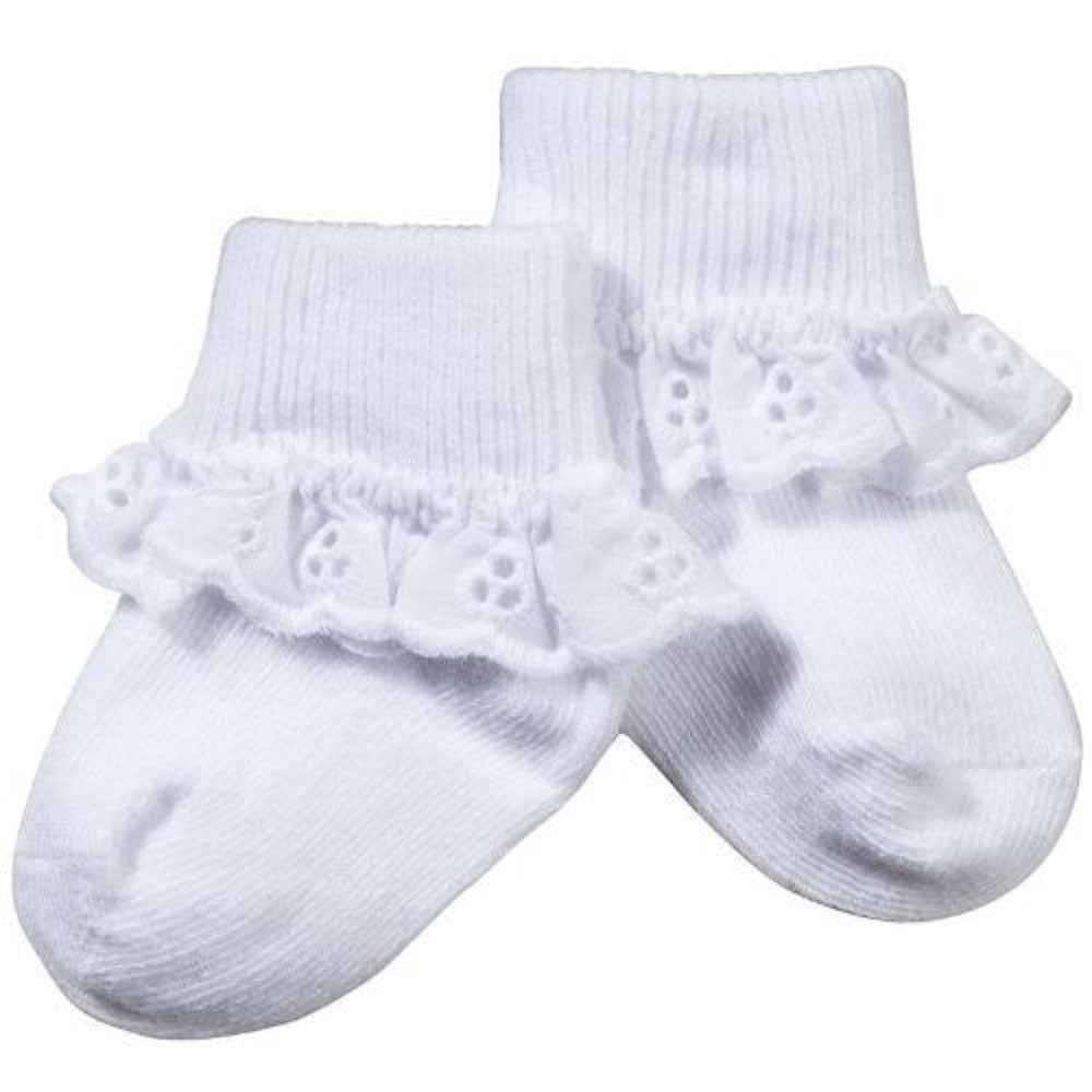 That Store white cotton ankle socks featuring a delicate eyelet lace turn cuff for infants and girls