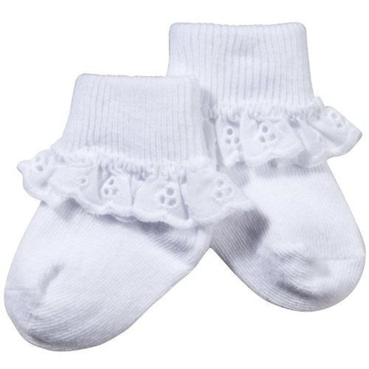 That Store white cotton ankle socks featuring a delicate eyelet lace turn cuff for infants and girls
