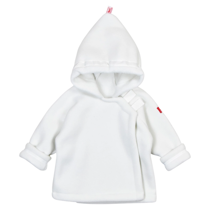 That Store white Polartec fleece infant jacket with a hooded wrap design and Velcro closure for easy dressing.