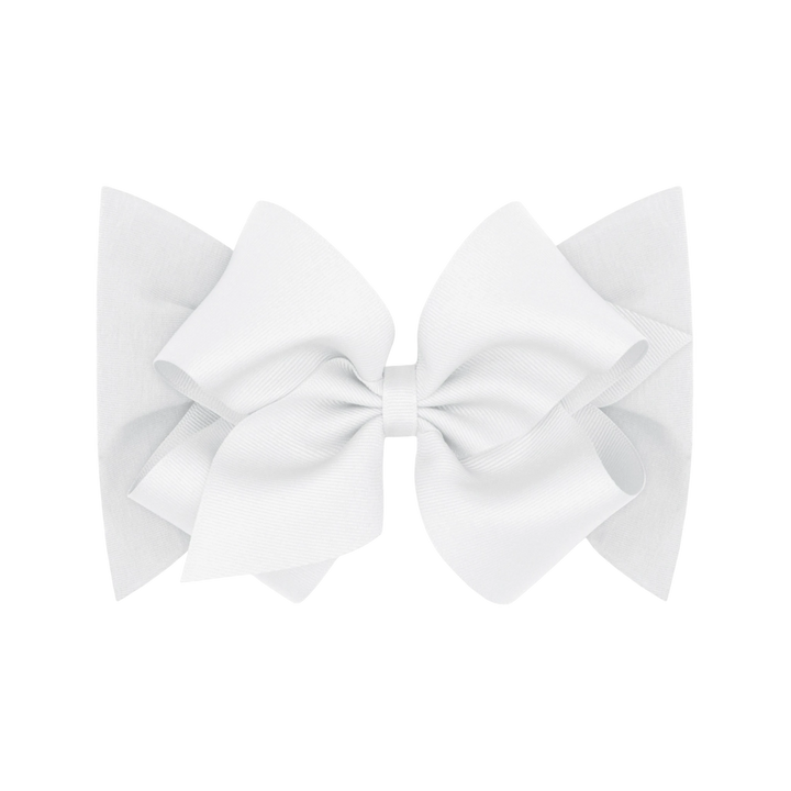 That Store white grosgrain bow baby headband made of soft cotton jersey for newborns and infants.