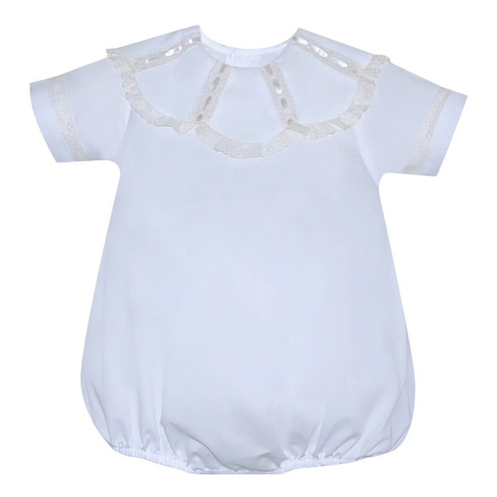 That Store white heirloom bubble for baby boys featuring an ecru lace spoke collar and delicate ribbon detailing.