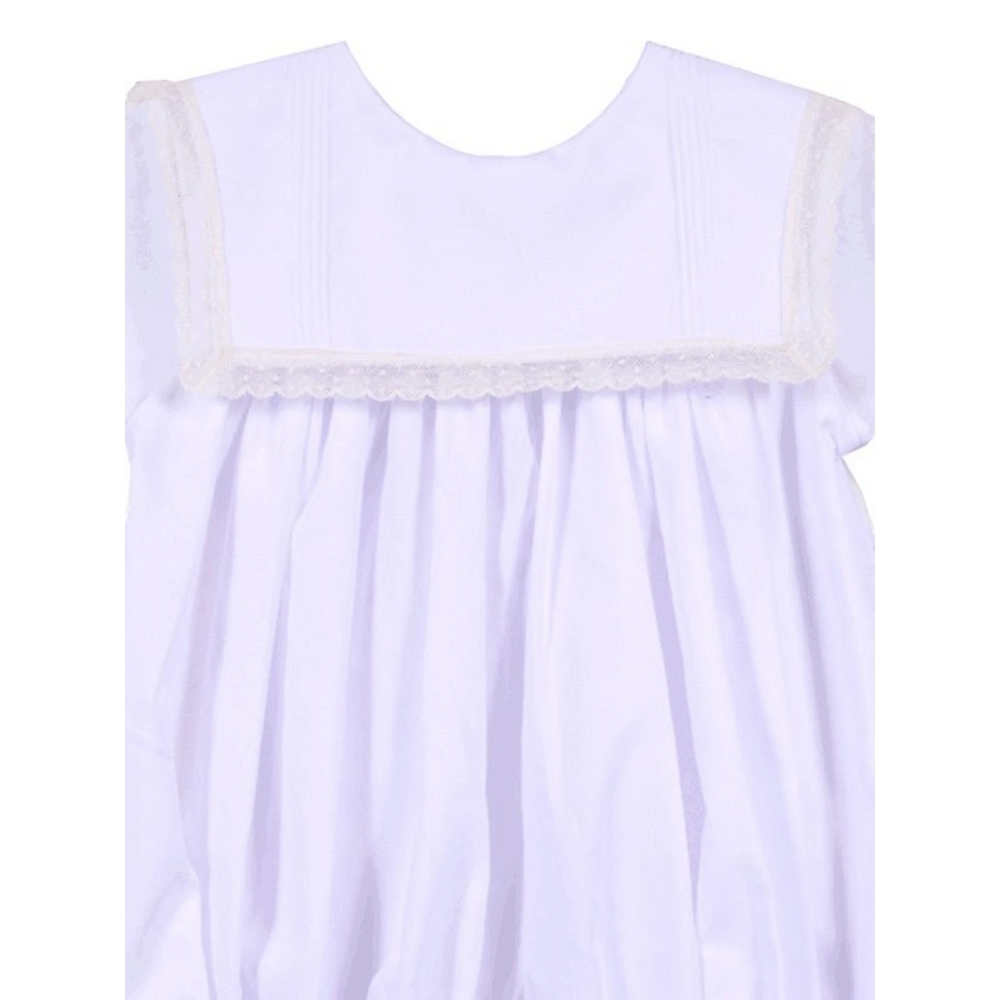 That Store white heirloom bubble for boys with a square collar and delicate ecru lace trim.