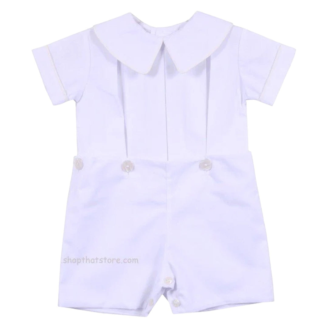 That Store LaJenns white heirloom button-on short set for boys with ecru piping on the Peter Pan collar
