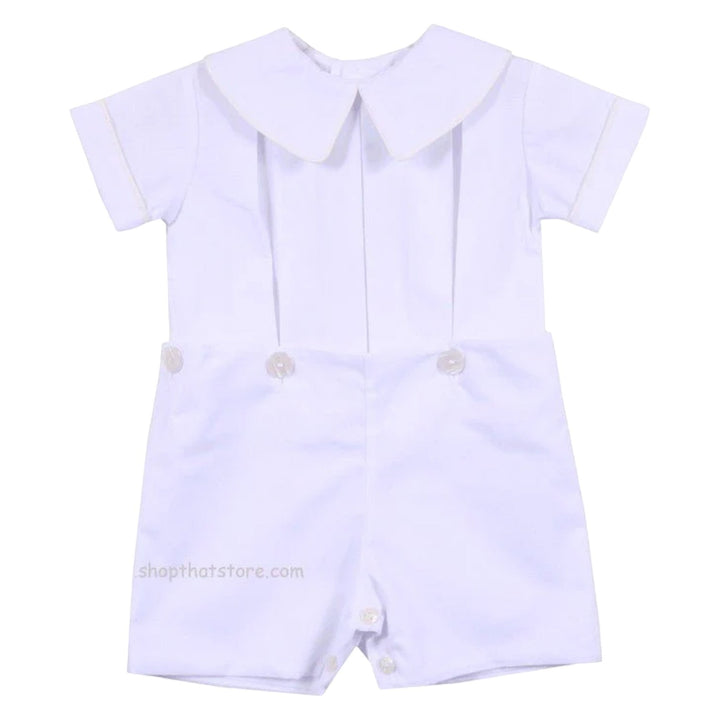 That Store LaJenns white heirloom button-on short set for boys with ecru piping on the Peter Pan collar