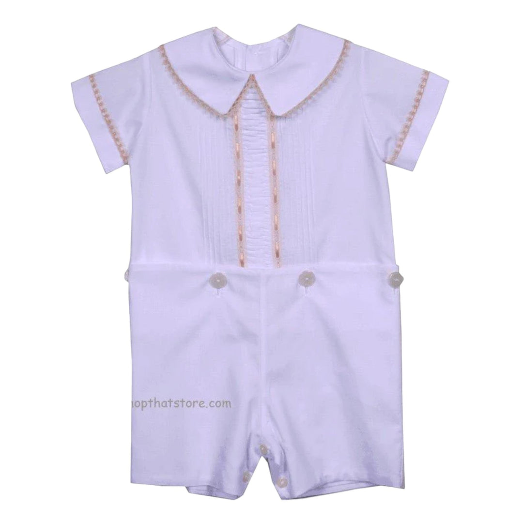 That Store LaJenns Heirloom white button-on short set with ecru lace trim, pleated placket, and peter pan collar.