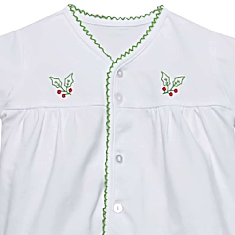 That Store white baby top with green picot trim and festive holly berry embroidery for the holiday season