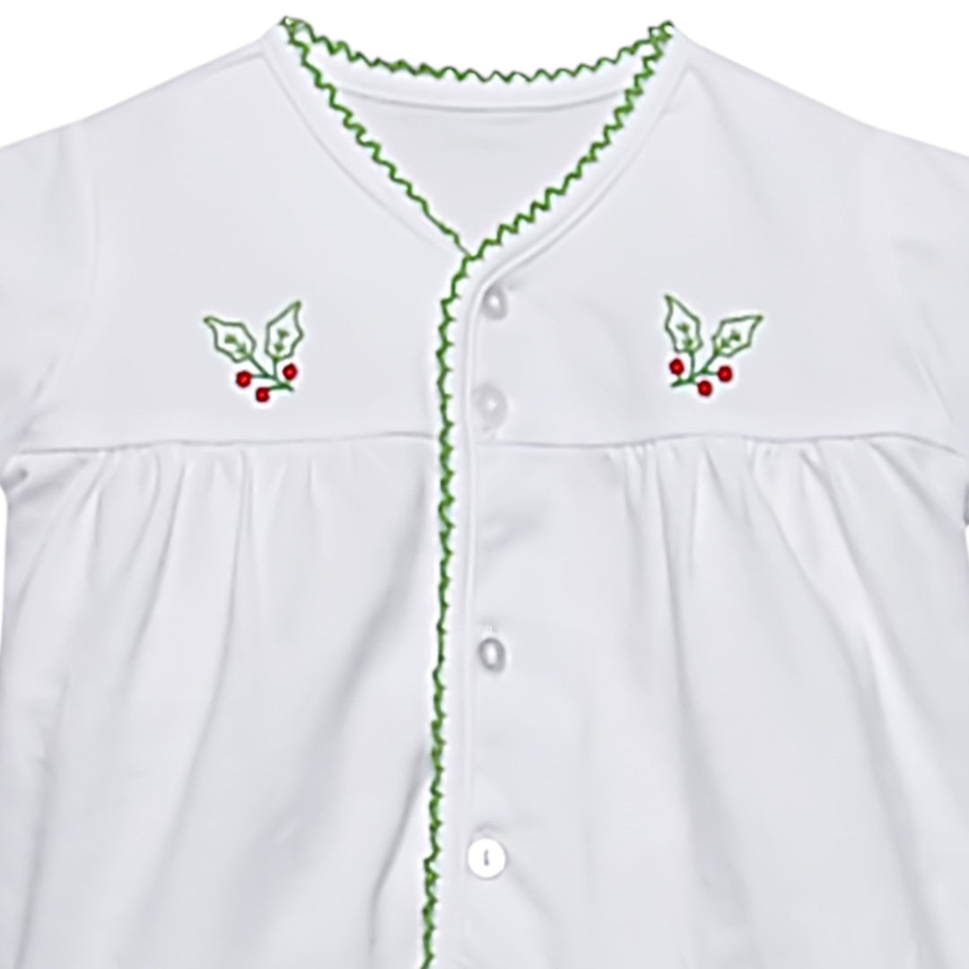 That Store white baby top with green picot trim and festive holly berry embroidery for the holiday season