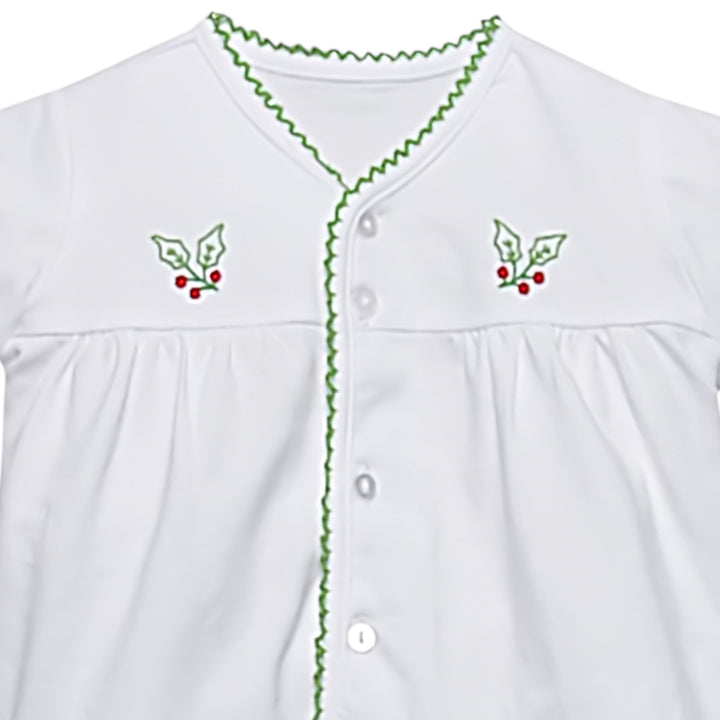 That Store white baby top with green picot trim and festive holly berry embroidery for the holiday season