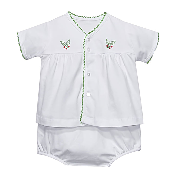That Store white baby diaper set featuring green picot trim and festive holly berry embroidery on the button-down top.