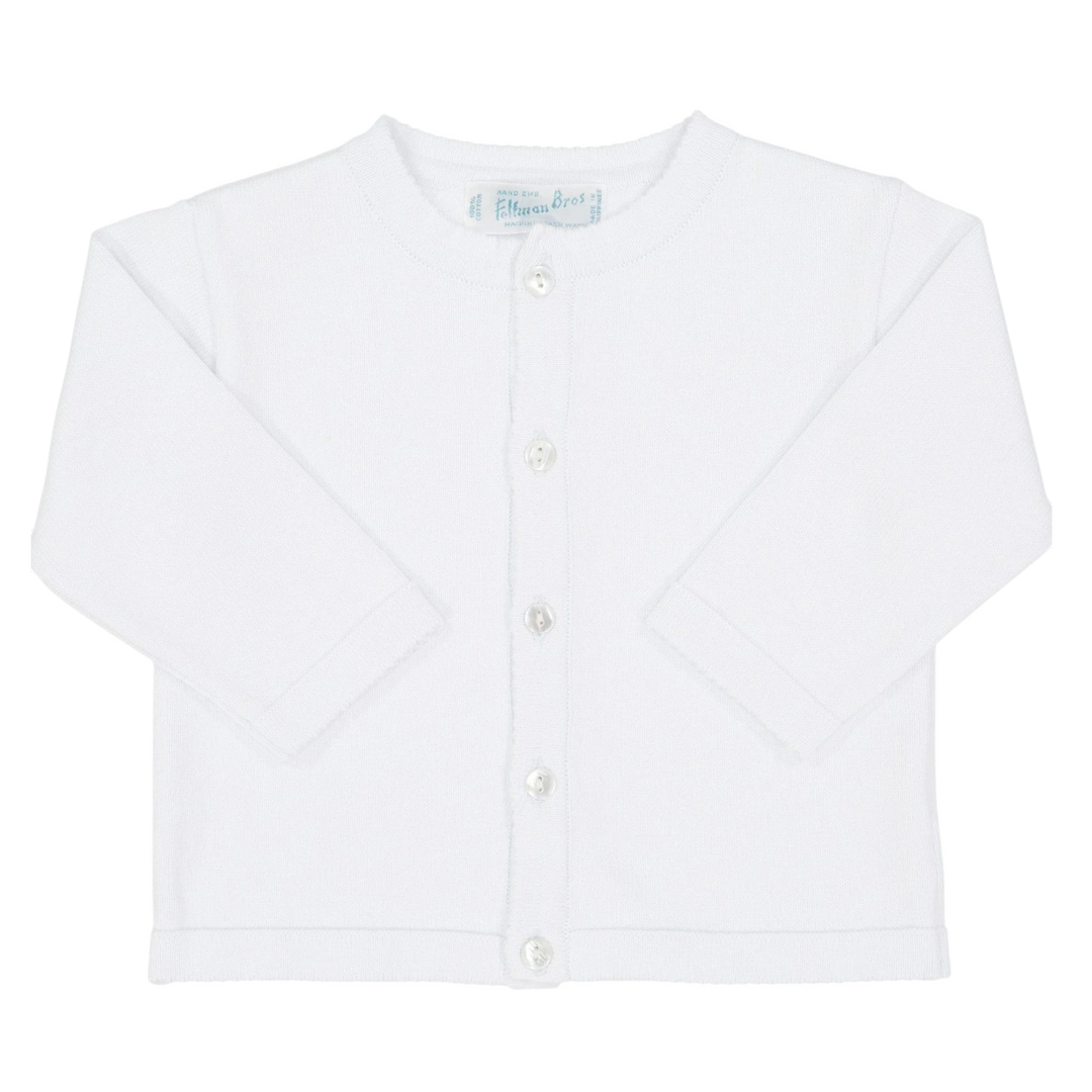 That Store white knit cardigan sweater for babies featuring a button-down front and soft 100% cotton material.