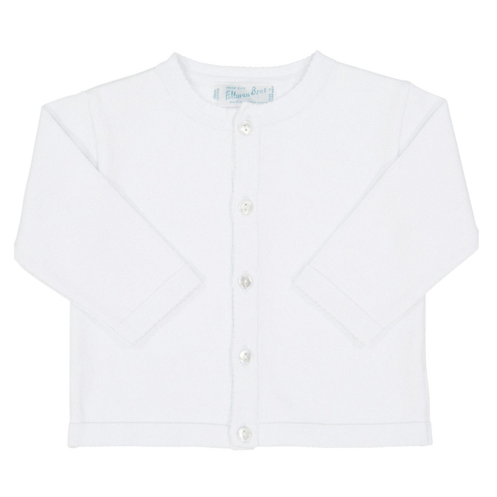 That Store white knit cardigan sweater for babies featuring a button-down front and soft 100% cotton material.