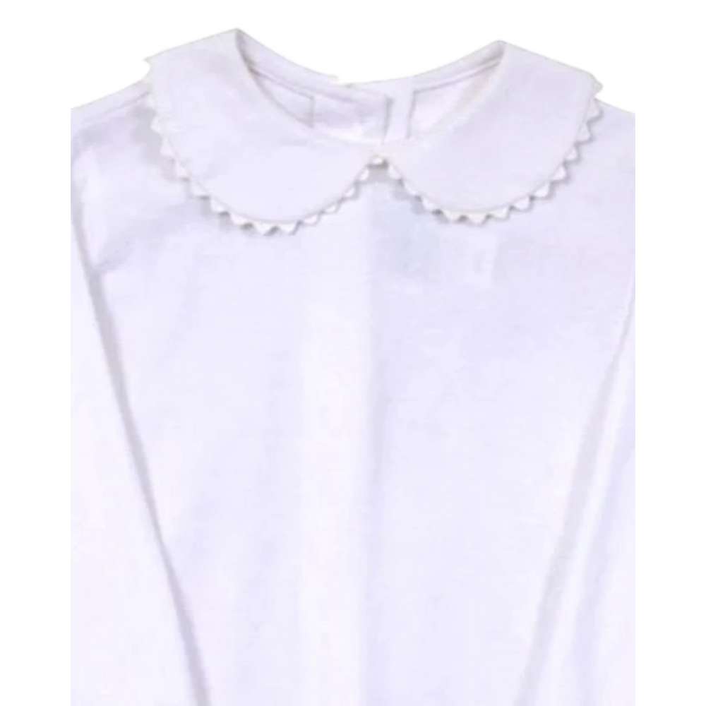 That Store white knit girls blouse featuring a round collar with delicate ric rac trim and long sleeves