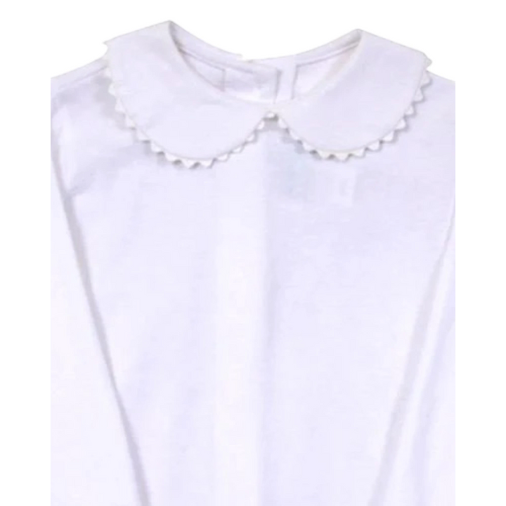 That Store white knit girls blouse featuring a round collar with delicate ric rac trim and long sleeves