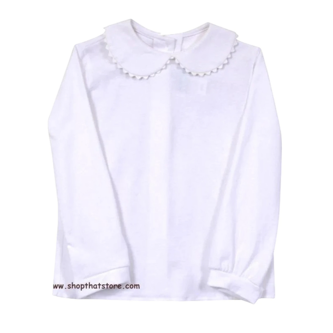 That Store white knit girls blouse with long sleeves and a Peter Pan collar featuring decorative ric rac trim.