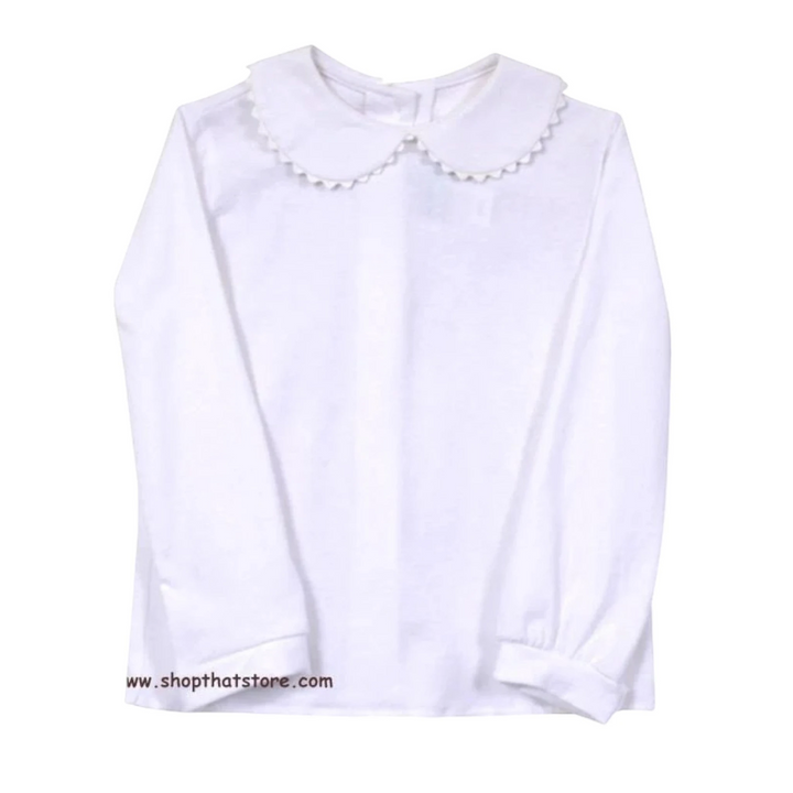 That Store white knit girls blouse with long sleeves and a Peter Pan collar featuring decorative ric rac trim.