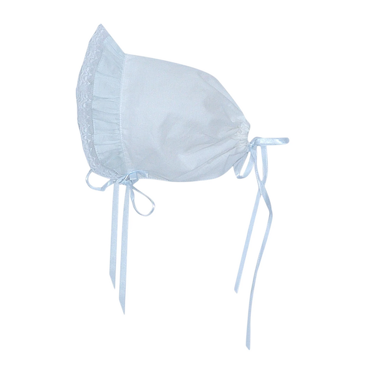 That Store white baby bonnet with delicate lace trim and ribbon ties for special occasions