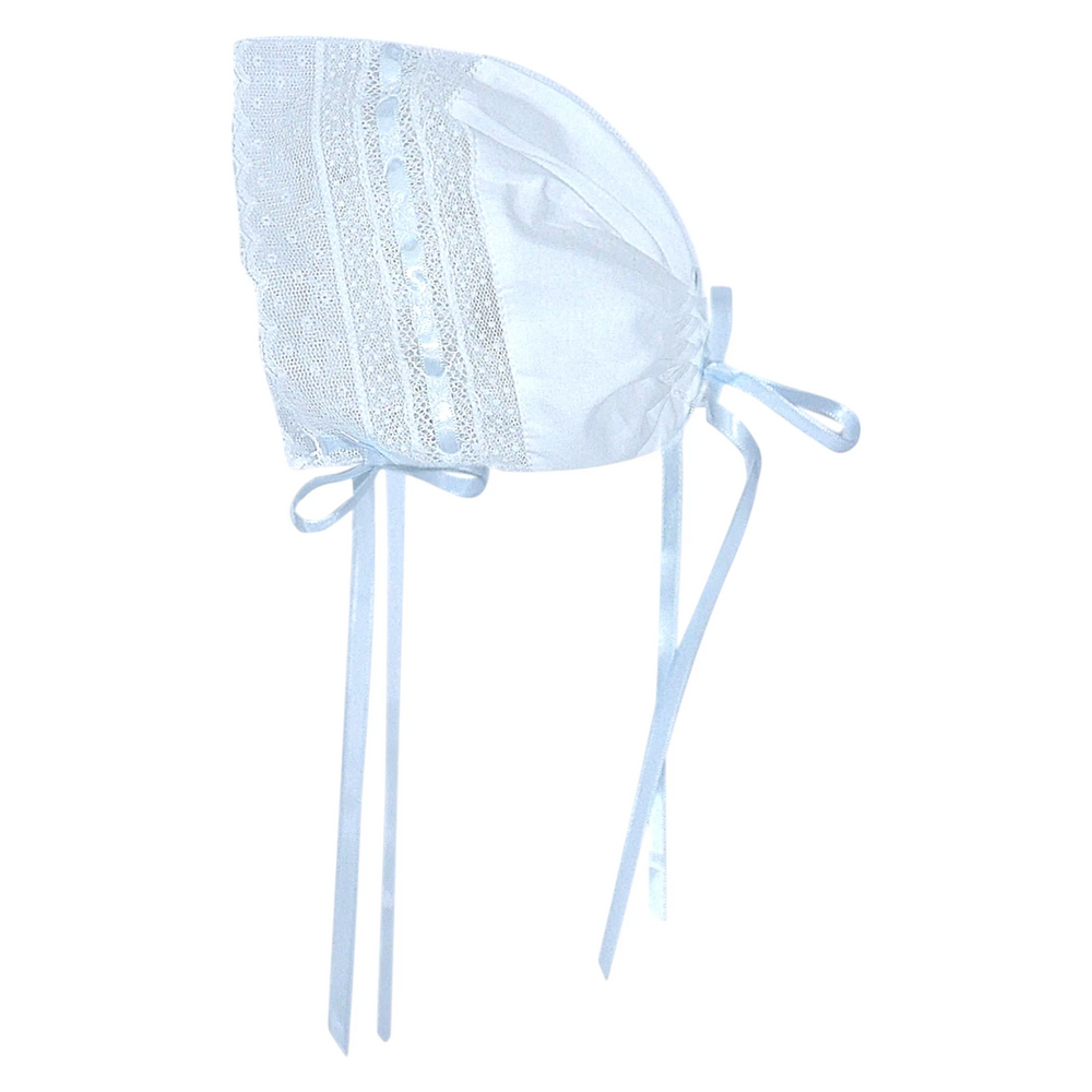 That Store white cotton baby bonnet with delicate lace trim and ribbon ties for newborn girls