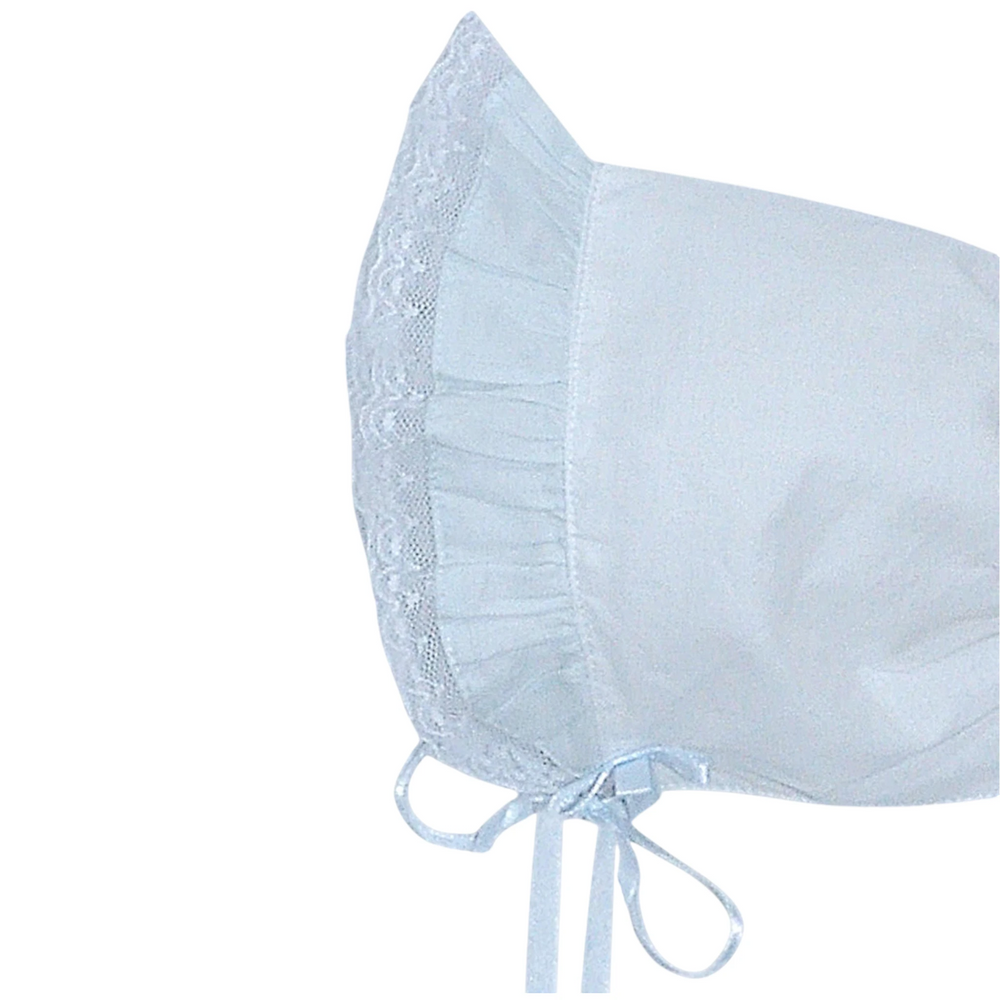 That Store white baby bonnet with delicate lace trim and ribbon tie for special occasions
