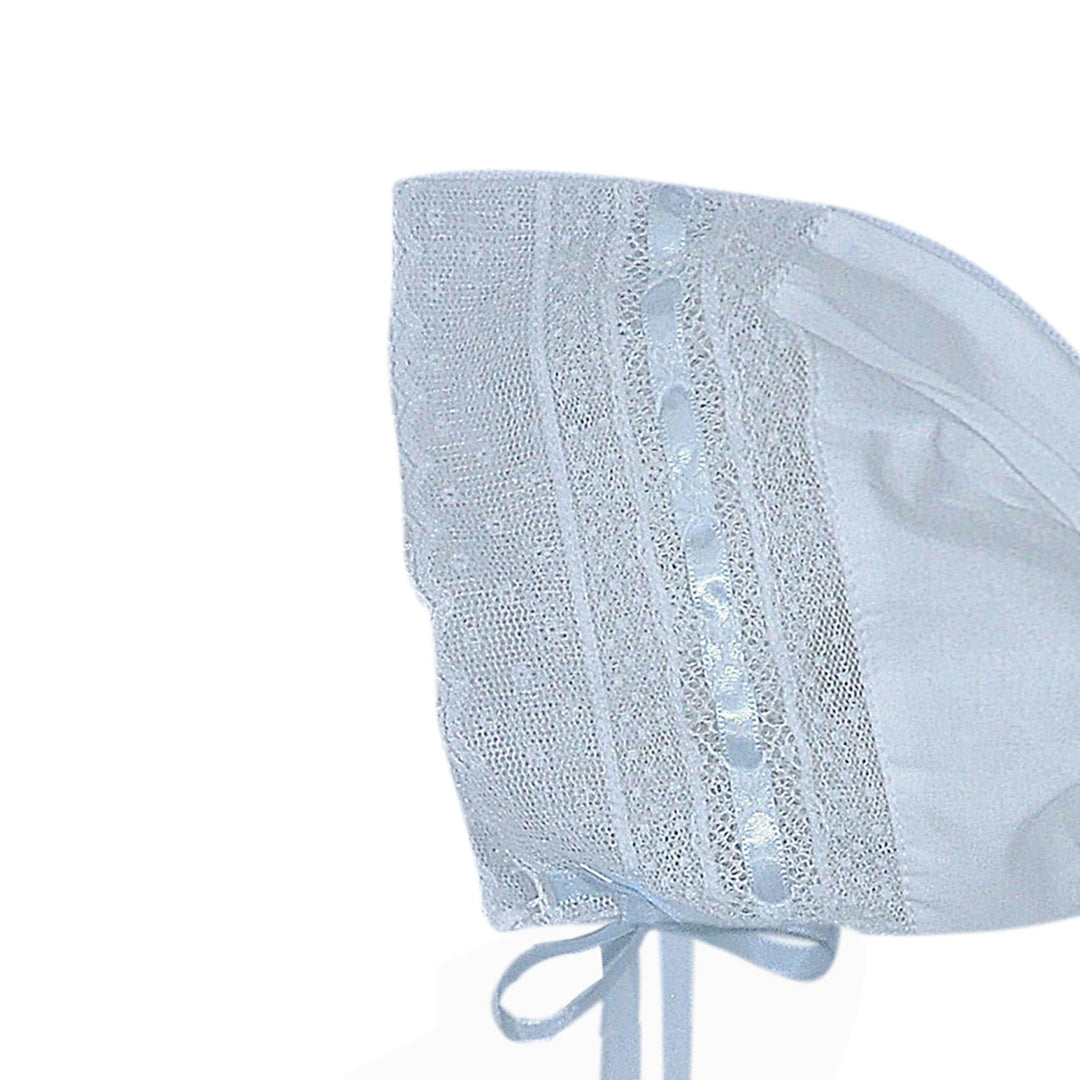 That Store white baby bonnet with delicate blue ribbon trim, lace inserts, and embroidery for a classic heirloom look.