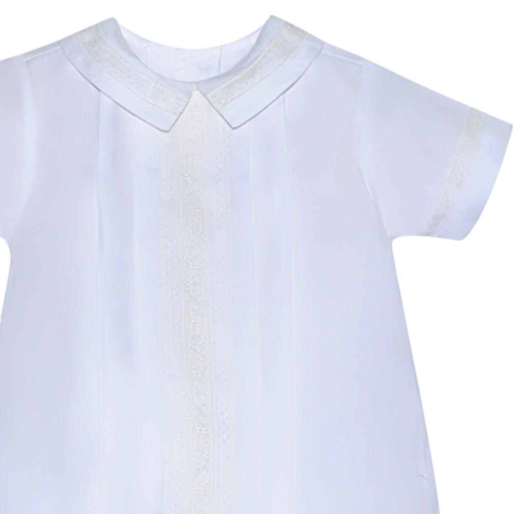 That Store white baby bubble with ecru lace trim on the peter pan collar and sleeves for special occasions.