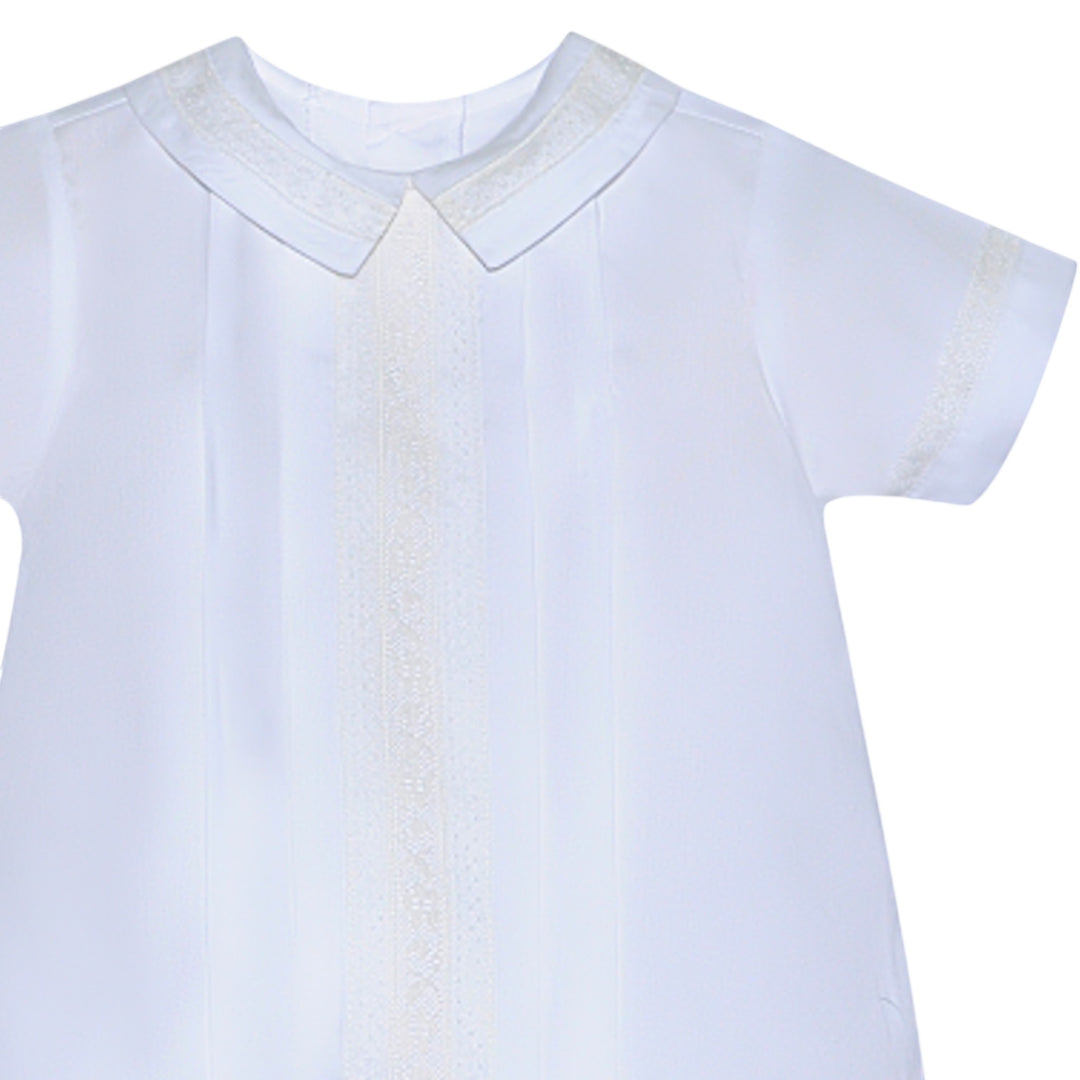 That Store white baby bubble with ecru lace trim on the peter pan collar and sleeves for special occasions.