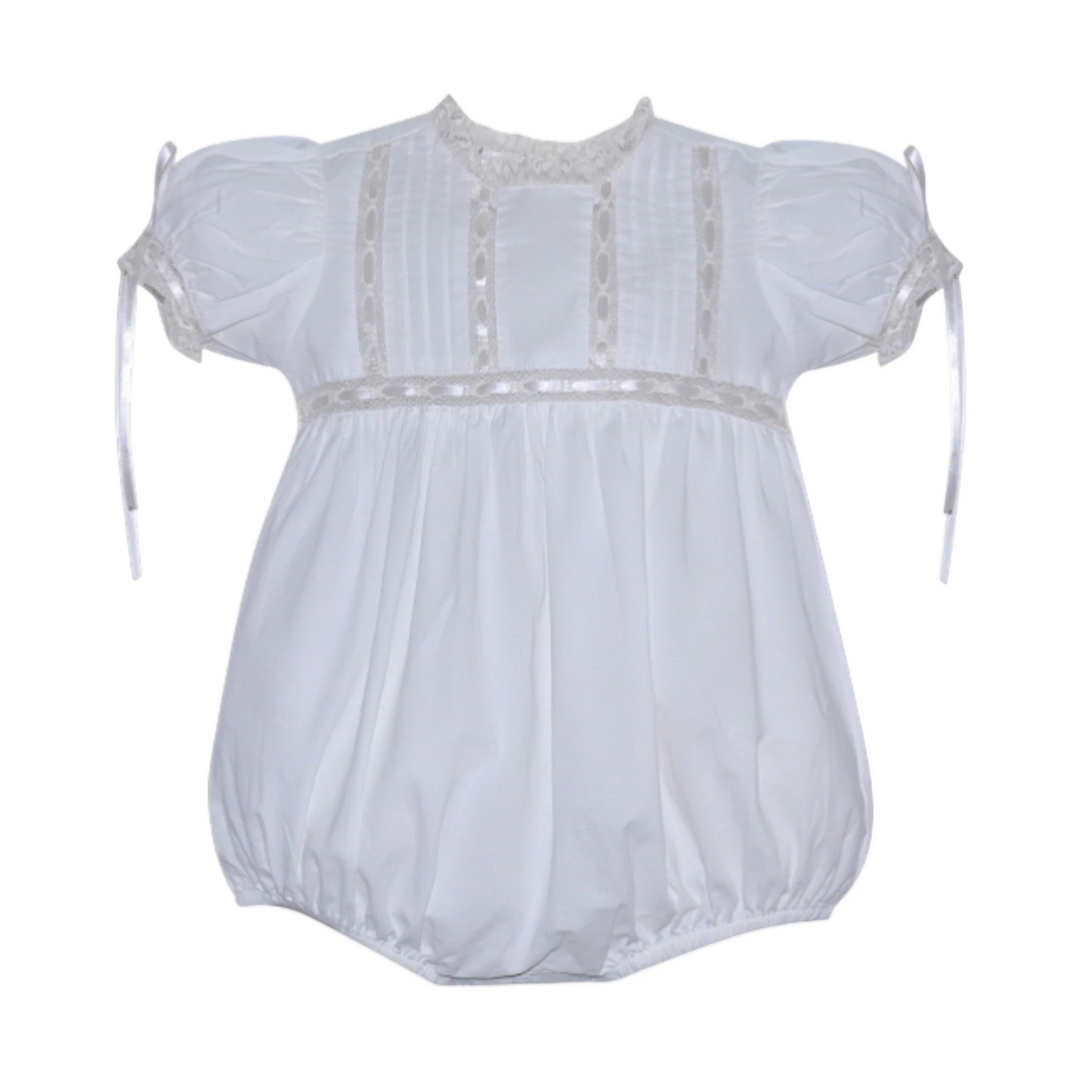 That Store Margaret heirloom white baby bubble with intricate ecru lace trim and delicate satin ribbon sleeve ties.