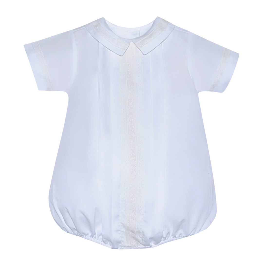 That Store white baby bubble with ecru lace trim on peter pan collar and sleeves for special occasions